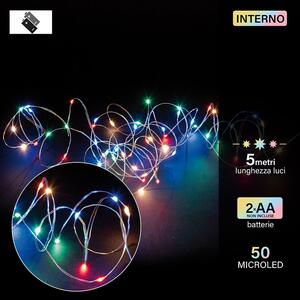 Catena luminosa filo rame 50 microled a batteria multicolor filo trasparente 5 m decorazioni