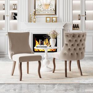 Sedia da pranzo Fortuna Lai (sedia da salotto con esclusiva trapuntatura a bottoni sullo schienale, 2 pezzi), sedia imbottita con rivestimento in velluto e borchie, gambe curve in legno massello, beige (2024.1.4 cambio gambe!!)