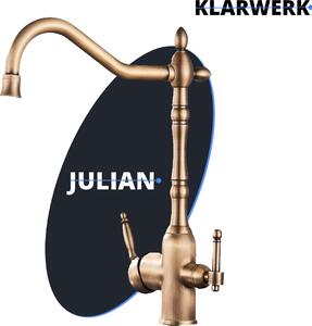 Julian | Rubinetto filtro vintage a 3 vie in ottone non verniciato | Rubinetto da cucina osmotico gastronomico in acciaio inox | Rubinetto miscelatore retro 360° fil