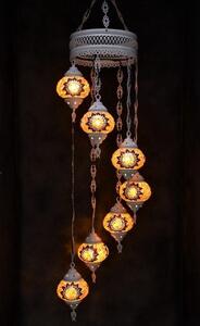 Lampada a sospensione in mosaico di vetro realizzato a mano, color bianco crema, con 7 sfere colorate; lampadario in stile orientale