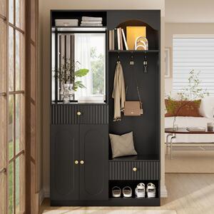 Armadio compatto con specchio, panca, strisce LED, armadio per cappotti con spazio per scarpe e ganci, appendiabiti per l'ingresso, colore nero
