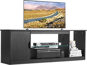 Porta TV fino a 65 pollici, tavolo TV in legno con striscia luminosa e ripiano in vetro, ripiani regolabili - mobile TV nero, consolle per soggiorno o camera da letto