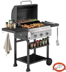 Barbecue a gas da 9 kW a 3 fuochi, con tavolo pieghevole, portaspezie, piano di appoggio e 6 ganci
