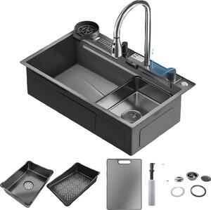 Lavello, rubinetto con display digitale, struttura in acciaio inox, 75*45
