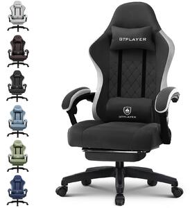 GTPLAYER sedia da gioco Poltrona ergonomica da gioco Sedia da scrivania Sedia da corsa per PC gamer con superficie in tessuto, cuscino di seduta in piuma con poggiapiedi nero