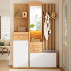 Armadio a muro con appendiabiti, specchio, panchina, illuminazione a LED, armadio con cassetti, vano a ribalta per scarpe, appendiabiti per l'ingresso, bianco e naturale