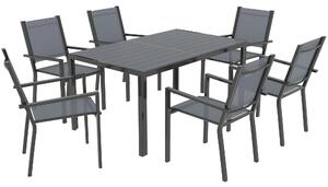 Set da Giardino con Tavolo Rettangolare e 6 Sedie Impilabili Traspiranti in Acciaio Grigio