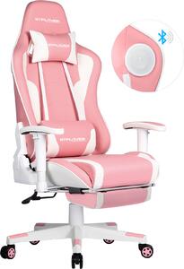 Sedia da gioco GTPLAYER "Sedia da gioco con altoparlante Bluetooth brevettato in edizione limitata mondiale 890MF", sedia da ufficio con cuscino lombare e per il collo, poggiapiedi estensibile, sedia da scrivania ergonomica rosa