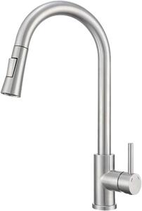 Rubinetto da cucina VBChome in acciaio inossidabile spazzolato con bocca estraibile, girevole a 360°, con pulsante per selezionare i tipi di getto – rubinetto moderno per lavello