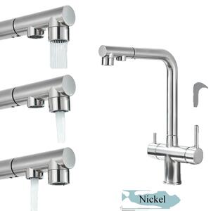 Miscelatore da cucina a due fori, acqua calda e fredda selezionabile, design contemporaneo in ottone, nichel spazzolato