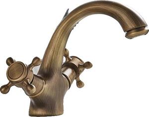 Miscelatore per lavabo, struttura in ottone massiccio, comando a doppia maniglia, ottone antico A