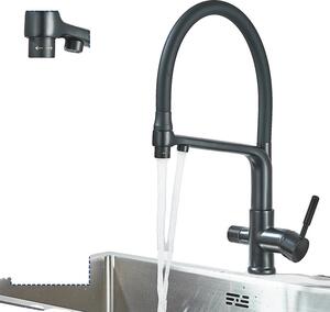 Rubinetto da cucina con filtro, bocca estraibile flessibile, doppia maniglia in ottone, nero opaco