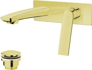 Miscelatore per lavabo da parete con sistema di scarico a click-clack, modello DESSO ORO, finitura oro