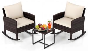 Set da giardino KOMFOTTEU, composto da 3 pezzi: 2 poltrone a dondolo in rattan con tavolino, set da salotto per esterni con struttura in metallo, cuscini imbottiti. Ideale per terrazzi, balconi, giardini e piscine