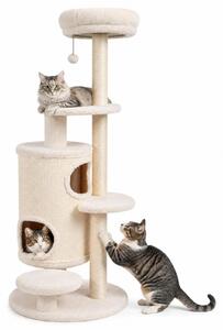 KOMFOTTEU, tiragraffi a 6 livelli, 150 cm di altezza, con 2 rifugi per gatti, pali in sisal e piattaforme imbottite. Torre per gatti, tiragraffi con pallina appesa, albero da gioco per gatti, colore bianco