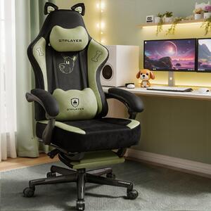 GTPLAYER Simpatica sedia da gioco con tessuto in velluto, sedia da gioco, sedia da ufficio ergonomica sedia da gioco con orecchie di gatto, memory foam e poggiapiedi, 150kg