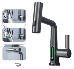 Rubinetto da lavabo, design estraibile, display della temperatura, grigio canna di fucile