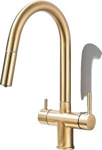 Rubinetto da cucina, doppia maniglia, funzione spray estraibile, acciaio inox, oro spazzolato