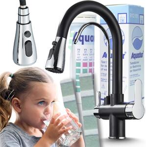 Rubinetto da cucina a 3 vie Ari Nordic con doccetta estraibile, collegamento per filtro acqua, beccuccio girevole 360 gradi, nero cromato