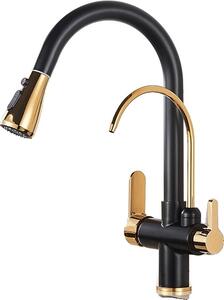 Rubinetto da cucina filtrato, funzione spray estraibile, design a doppia maniglia, oro nero
