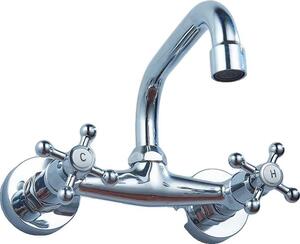 Rubinetto per lavabo, doppia maniglia, montaggio a parete, cromo, argento