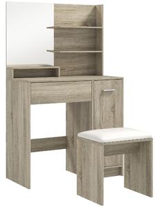 HOMCOM Tavolo da Trucco con Sgabello Specchio Ripiani Aperti Cassetto e Ripiano Regolabile Anti-ribaltamento Naturale e Beige | Aosom Italy