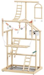 PawHut Trespolo per Pappagalli con Giochi, Scale, Catene, Ciotole, Vassoio Rimovibile e Posatoi, Legno Naturale | Aosom Italy