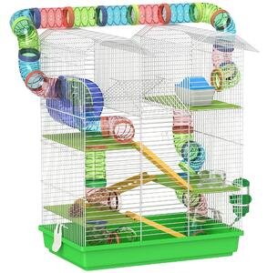 PawHut Gabbia per Criceti a 5 Piani con Tubi Colorati, Ruota, Casetta e Accessori, 47x30x59 cm, Verde | Aosom Italy