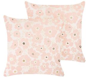 Set di 2 cuscini sparsi in velluto beige e rosa 45 x 45 cm Cuscino da lancio Motivo floreale rimovibile con imbottitura Beliani