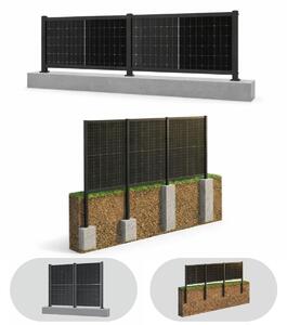 Recinto solare 4.0 nero (acciaio inox), con 3 moduli da 1722 mm, in allineamento orizzontale, con supporto. Recinzione solare PV