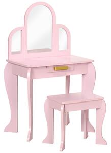 HOMCOM Tavolo per Trucco per Bambine 3-6 Anni con Sgabello, Cassetti e Specchio Coordinato in Acrilico, in MDF e Legno di Pino, Rosa|Aosom