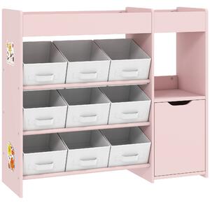 AIYAPLAY Scaffale Portagiochi Bambini in Legno con 9 Contenitori Rimovibili e Armadietto, 92x30x80 cm, Rosa | Aosom Italy