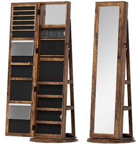 HOMCOM Specchio Portagioie da Terra Girevole a 360° con Ripiani e Chiusura a Chiave, 55x55x161 cm, Marrone Rustico | Aosom Italy