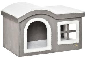 Pawhut Casetta per Gatti da Interno con 2 Entrate e Finestra, Cuscino e Base Antiscivolo, 63.5x37x40cm, Grigio | Aosom Italy