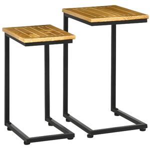 HOMCOM Set 2 Tavolini da Giardino a C in Metallo e Legno di Pino con Design Impilabile, 40x30x60 cm
