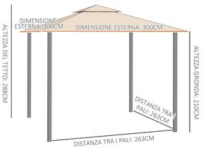 Outsunny Gazebo da Giardino Gazebo Esterno 3x3 m con Tenda Parasole Laterale, Altezza 288 cm, Cachi
