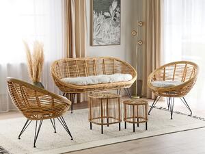 Set di divani a 4 posti in rattan naturale beige chiaro con cuscini in cotone con 2 tavolini per interni e per esterni stile bohémien giardino balcone. Beliani