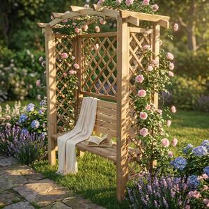 Pergola ad arco con panca da giardino in legno di pino impregnato in autoclavex190h
