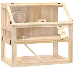 PawHut Gabbia per criceti a 3 livelli con fondo removibile e altalena, altalena, rampe e cuccia, 80x50x76cm, Legno naturale | Aosom Italy