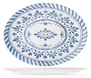 Piatto ovale Azulejo in melamina bianca decorata azzurro cm 35x26