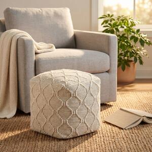 MELILLA - pouf in lana avorio con decoro 40 x 40