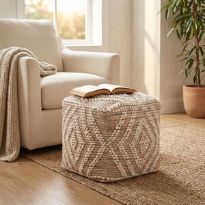 MEGAN - pouf in lana avorio con decoro 40 x 40