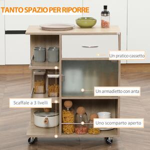 HOMCOM Carrello da Cucina Portavivande con Cassetto, Ripiani e Armadietto in Legno, Acciaio e Vetro, 65x39x80cm