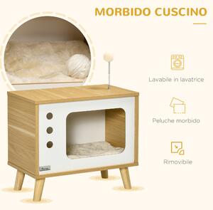 PawHut Casetta per Gatti a forma di Televisore con Cuscino e Pallina Giocattolo, Mobile da Soggiorno in Truciolato, 50x28x43 cm