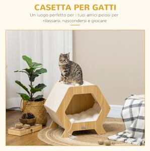 PawHut Cuccia per Gatti in Legno e Tessuto con Cuscino in Peluche Lavabile, 49.5x38.5x43.5cm