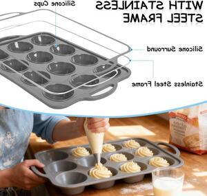 Stampi in silicone per muffin con rinforzo metallico, ideali per ottenere cupcakes perfettamente cotti - confezione da 2 pezzi, con rivestimento antiaderente, durevoli e facili da pulire