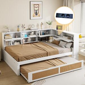 Divano letto 140x200 cm con letto estraibile 90x190 cm, dotato di meccanismi per l'apertura, diversi scomparti portaoggetti, 30 listelli, realizzato in legno di pino/MDF, colore bianco