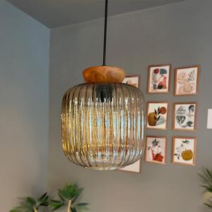 Lampadario singolo in vetro color miele con piastra in legno e testa retrò