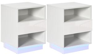 HOMCOM Comodini Moderni con LED, Set 2 Pezzi in Truciolato Bianco con Cassetto e 2 Ripiani Aperti, 40x40x55 cm