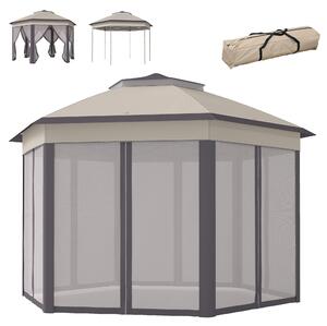Outsunny, gazebo da giardino pieghevole con 6 pannelli laterali, tetto a doppia falda, colore caffè e beige